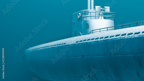 Submarine hull and conning tower underwater in ocean