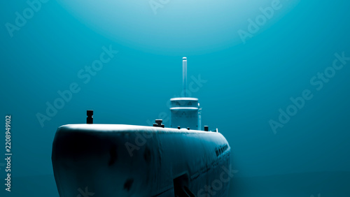 Submarine navigating underwater in deep ocean