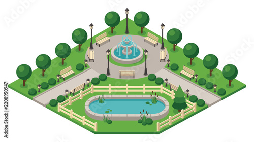 Isometric park design with green lawn fountain and wooden fencing.