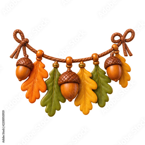 Decorative autumn garland with acorns and oak leaves isolated on a clean white background