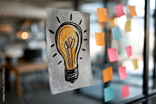 A sketched lightbulb on a glass wall stands beside colorful sticky notes. Brainstorming, innovation, planning, and creative teamwork drive the business concept.