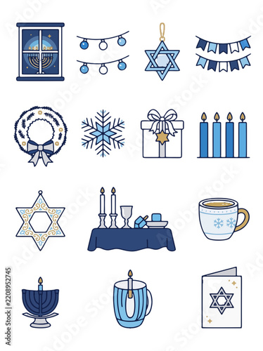 Hanukkah flat vector icon set with menorah dreidel and sufganiyot
