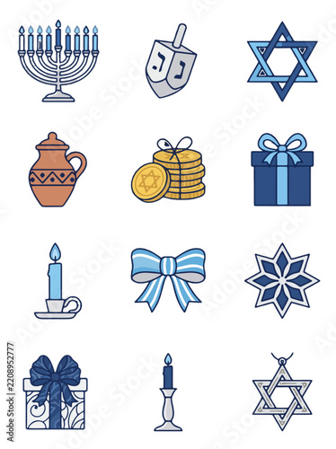 Hanukkah flat vector icon set featuring menorah dreidel and star