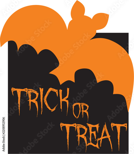 Spooky Halloween Vector Illustration with Orange Bat Silhouette and Trick or Treat Text on Black Background