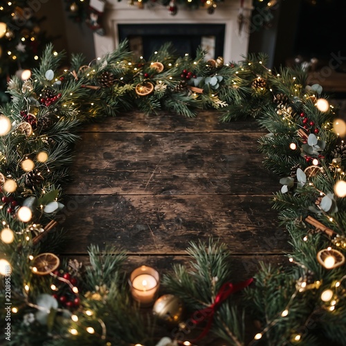 Pinus sylvestris pine branches garland with warm festive holiday lights