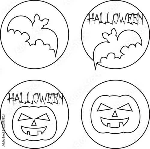 Set of Halloween Coloring Page Elements for Kids Featuring Bats and Jack O Lantern Pumpkin Icons inside Circular Frames, Black and White Line Art Outline