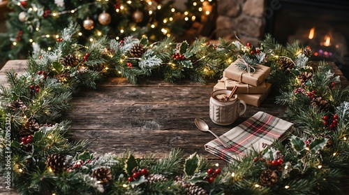 Pinus sylvestris pine branches with warm holiday lights and rustic decor