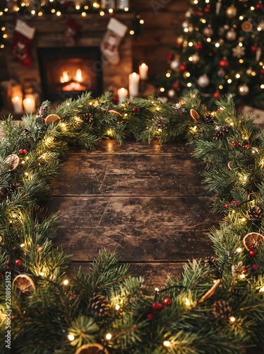 Christmas pine branch garland background with fairy lights and rustic wood