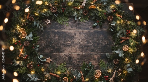Festive pine wreath with holiday lights on rustic wood background winter