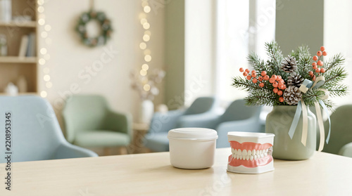 Dental model and container on a table in a Christmas dental clinic.