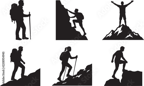 Set of black silhouettes showing people hiking climbing mountains and reaching the peak of a summit