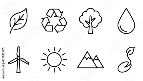 Nature and environment icons leaf recycling symbol tree water drop wind turbine sun mountains seedling outline solid styles, UI and web interface.