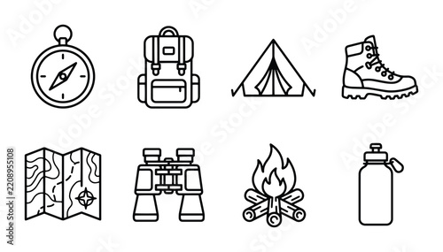 Camping and hiking equipment icons compass backpack tent boot map binoculars campfire water bottle outline solid styles, UI and web interface.
