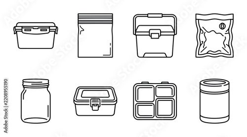 Food storage containers outline solid styles, UI and web interface.