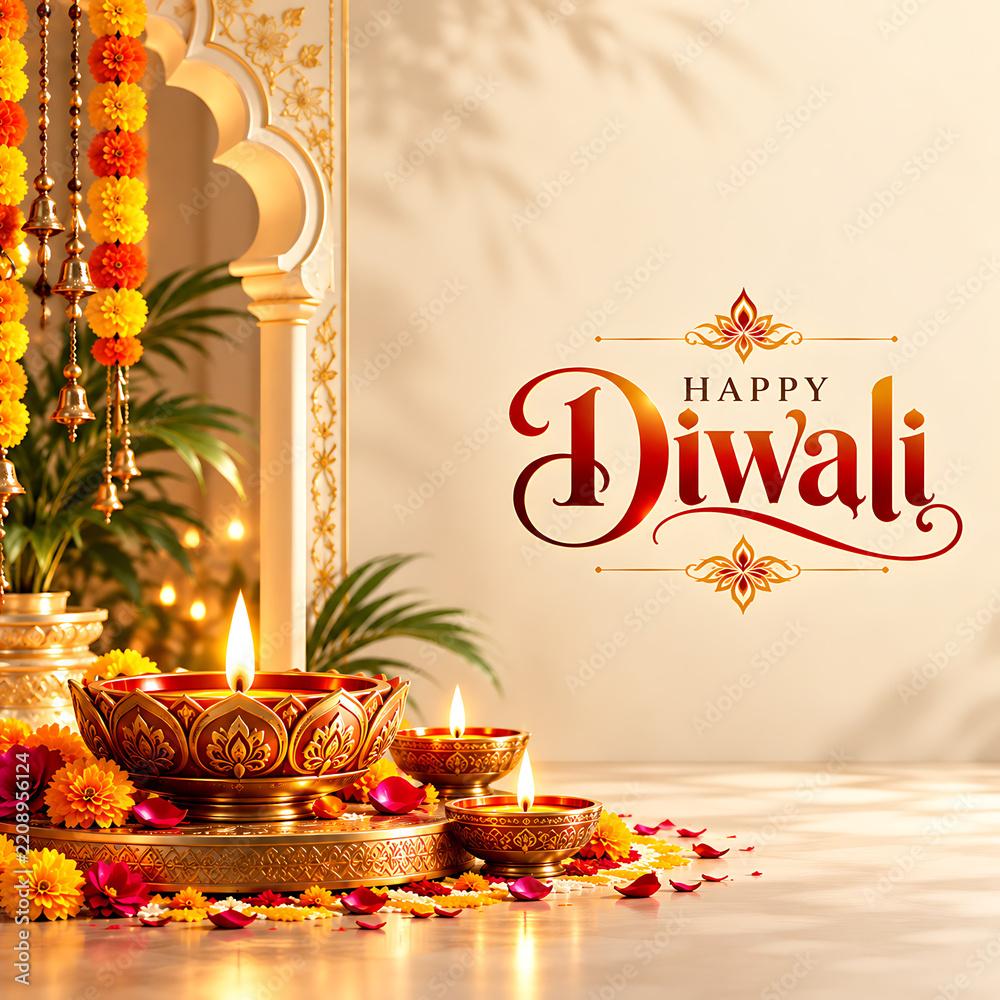 Fototapeta premium Happy diwali festival design with glowing oil lamp and floral decorations