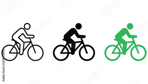 Three variations of a cyclist featuring a stick figure riding a bicycle, presented in outline, solid black, and solid green color styles