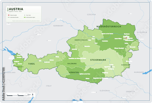 Austria political map with states, capital Vienna, major cities and borders - detailed vector illustration