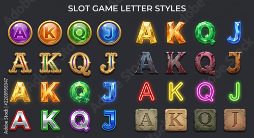 Themed AKQJ Playing Card Letter Collection with Colorful Slot Game Symbols