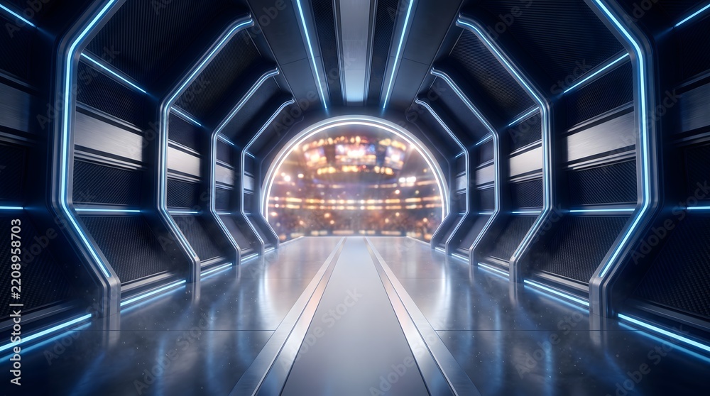 Fototapeta premium Futuristic Sci-Fi Tunnel Entrance with Glowing Technology Background