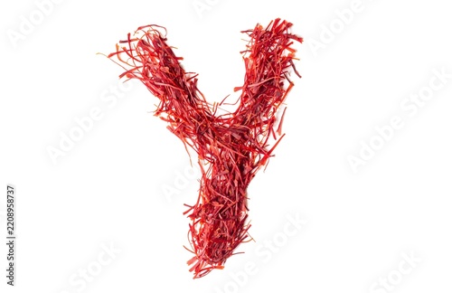 Y English Alphabet Capital Letter Created with Organic Saffron or Kesar Heap Isolated on White Background with Copy Space, Kindergarten Children Education and Learning