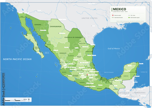 Mexico political map with states, capital Mexico City, major cities and borders - detailed vector illustration