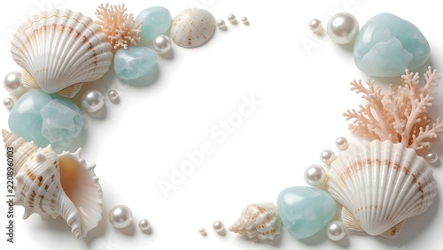 Elegant seashell and gemstone frame border with pearls and coral on a clean white background.