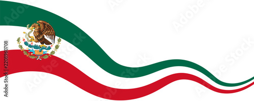 Elegant waving Mexican flag ribbon with national emblem, isolated on transparent background. Copy space. Patriotic Mexican banner for holidays, websites, signboards, and social media. PNG. Vector