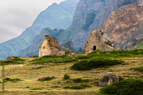 Tombs of City of Dead in village Eltyubyu, necropolis in North Caucasus mountains