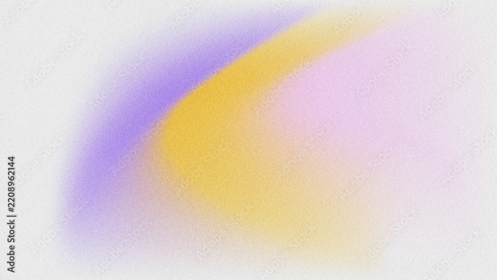 Fototapeta premium Textured grainy off-white abstract backdrop. Smooth, flowing, curved gradient blending lavender purple, golden yellow, and pale pink with subtle noise grain.