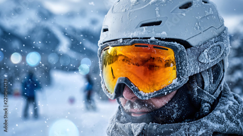 Skier wearing amber mirrored ski goggles and a snow-covered helmet in a blizzard for winter sports protection