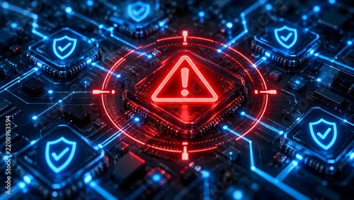 Glowing red warning triangle targeting a central microchip on a motherboard surrounded by secure blue processor nodes