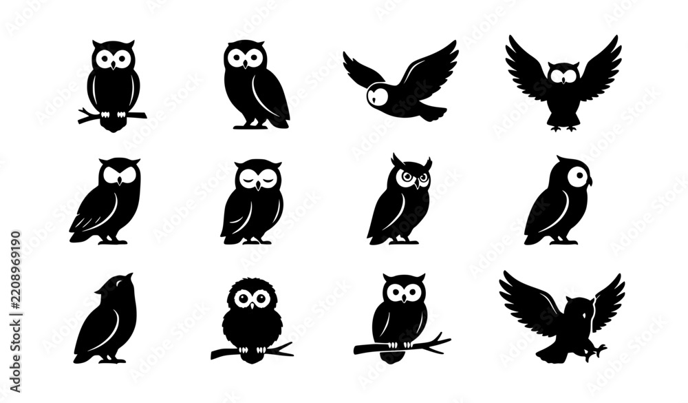 Fototapeta premium Cute Owl Silhouette Collection with Flying and Perching Bird Poses