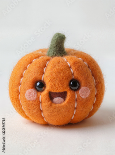 Cute felt pumpkin with kawaii face. Handmade Halloween decoration. Needle felt craft. Cozy autumn seasonal decor.