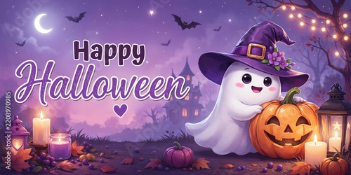 Happy halloween greeting with cute ghost wearing a witch hat and jack-o'-lantern