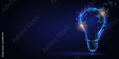Glowing light bulb composed of blue digital mesh and geometric triangles