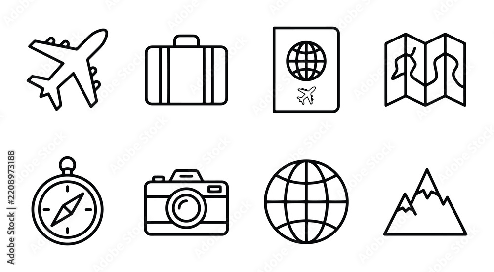 Obraz premium Travel Icons Set: Airplane, Suitcase, Passport, Map, Compass, Camera, Globe, Mountains
