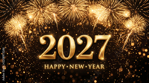 Elegant Happy New Year 2027 greeting with sparkling golden fireworks and glitter on a dark background