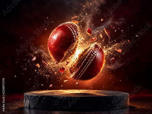 A red cricket ball exploding into fragments and dust on a dark stone pedestal with dramatic lighting and smoke particles against a dark red and black background