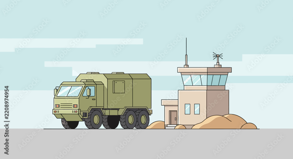 Obraz premium Military Truck at Observation Tower Illustration