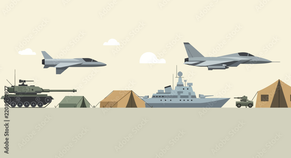 Obraz premium Military Vehicles and Equipment: Army Tank, Fighter Jet, Warship with Tents