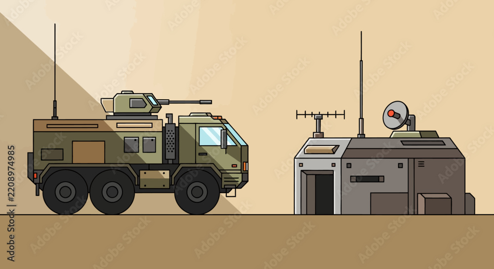 Obraz premium Military Vehicle and Command Structure - Vector Illustration