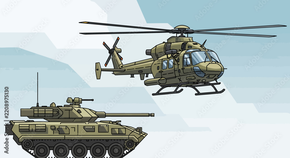 Obraz premium Military transport vehicles: Tank and Helicopter illustration
