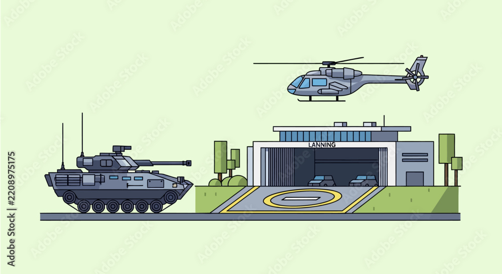 Obraz premium Military Vehicles and Building: Armored Tank, Helicopter, Garage
