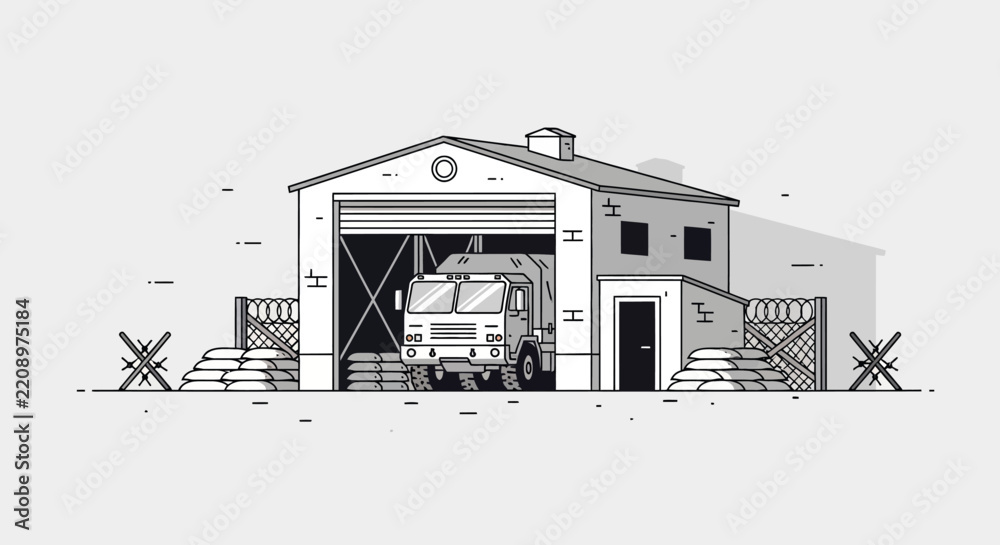 Obraz premium Military Truck Leaving Garage, Vector Illustration