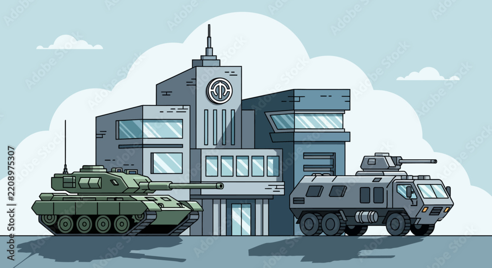 Obraz premium Military Vehicles and Building: Conflict Concept Illustration
