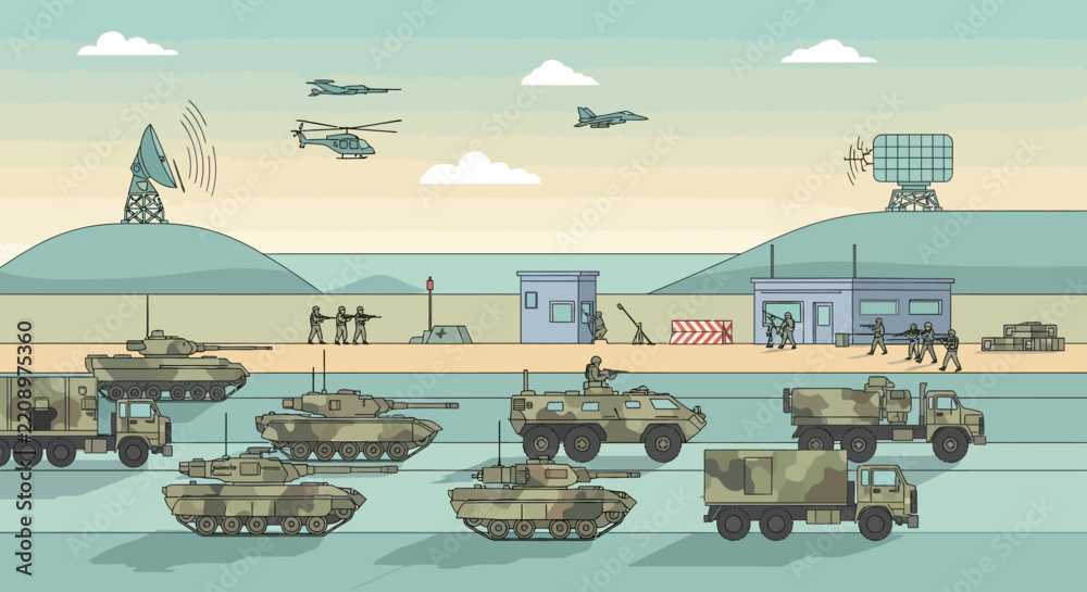 Obraz premium Military Vehicles & Aircraft Illustration: Army Deployment, Defense, War, Weaponry