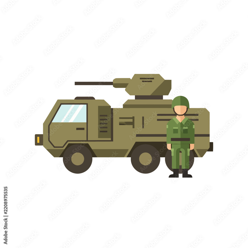 Obraz premium Military Vehicle and Soldier - Flat Design Illustration