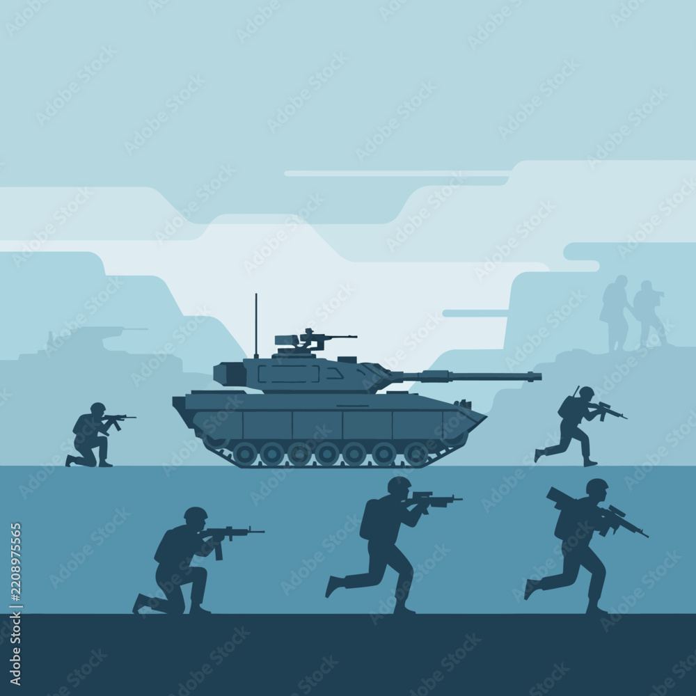 Obraz premium Military troops and tank silhouette in battle scene