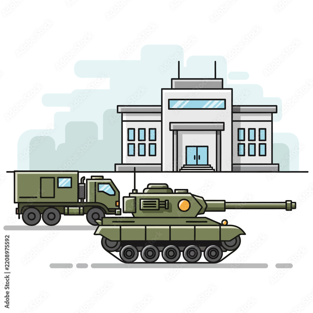 Obraz premium Military Vehicles and Building: Vector Illustration