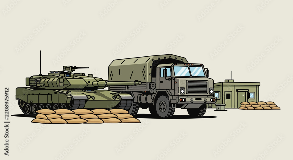 Obraz premium Military Vehicles: Tank, Truck, and Bunker Illustration
